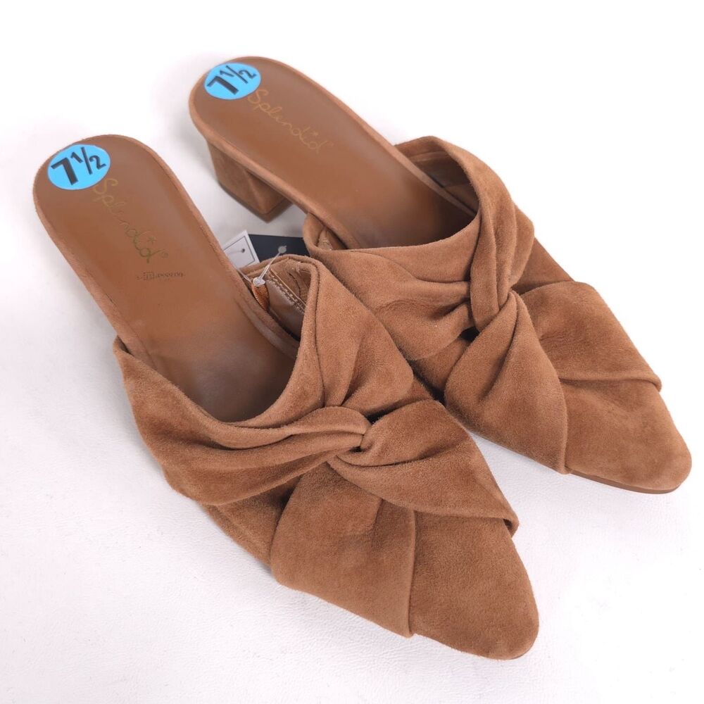 Splendid New Lanis GENUINE SUEDE LEATHER Mules 7.5 M Caramel Knot Heeled Pointed